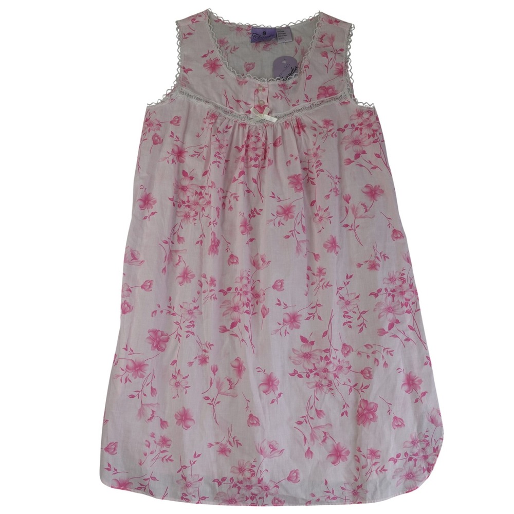 Vintage Nightgown Large Pink Floral Sleeveless Midi Lace Bow Cottage Grandmacore